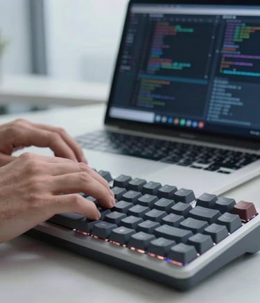 Close-up photography of professional hands typing on a high-end mechanical keyboard in a bright, modern US office setting, with a laptop screen in the background showing complex code and data visualizations, sky blue and light gray lighting.