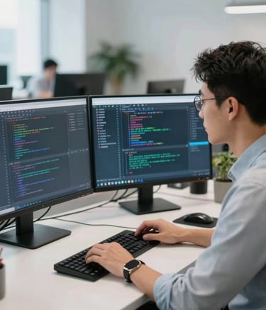 A professional software engineer in a modern North American office, high-resolution photography, natural lighting, looking at multiple sleek monitors showing code and testing dashboards, white and slate blue palette.