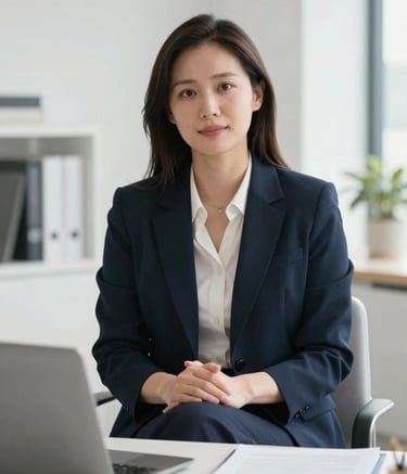 A professional psychologist in a bright, modern North American office. The composition is a medium shot, showcasing an empathetic expression and professional attire within a clean space decorated in deep navy and off-white colors.