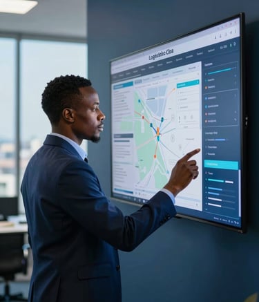 A focused logistics coordinator in a modern West African / Ghanaian corporate office environment in Accra, wearing professional attire, looking at a digital logistics tracking map on a wall screen, deep navy blue and sky blue lighting.