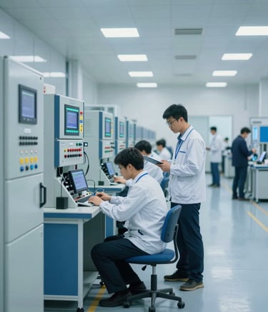 A professional wide-angle shot of a factory floor where engineers are conducting Factory Acceptance Testing (FAT) on a series of industrial control panels. The setting is clean, brightly lit, and modern, featuring colors like #A8C8E4 and #2E5D8B on the equipment. The vibe is one of technical leadership and precision engineering.