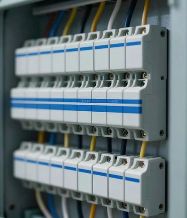A close-up, high-detail image of a Main Distribution Board (MDB) assembly. The wiring is impeccably organized, showcasing engineering precision. High-quality international components are visible. The lighting is crisp and cool, highlighting the metallic textures and the brand's professional blue palette.