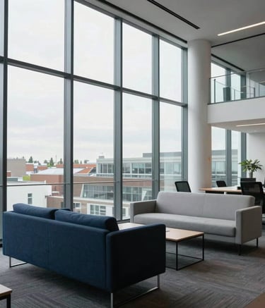 A high-end modern office interior in Ilford, United Kingdom, with floor-to-ceiling windows showing a bright day, featuring dark blue and light grey furniture and a professional atmosphere.