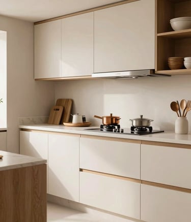 A professional photograph of a modern kitchen in a South American / Brazilian home, featuring soft off-white cabinets and warm sand accents. The lighting is bright and inviting, showcasing a sophisticated and intelligent shopping lifestyle.