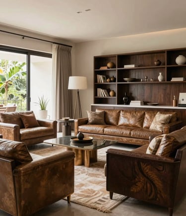 A wide-angle professional photograph of an elegant living room in a South American / Brazilian residence. The room features high-quality furniture in earthy bronze and deep espresso tones, creating a trustworthy and refined atmosphere with natural light.