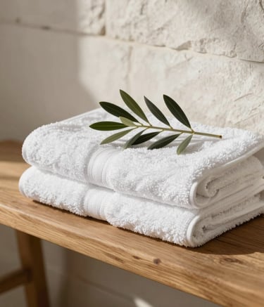 A close-up photograph of premium white Turkish cotton towels and a single branch of olive leaves on a minimalist wooden bench, set against an off-white stone wall, soft morning sunlight, tranquil atmosphere.
