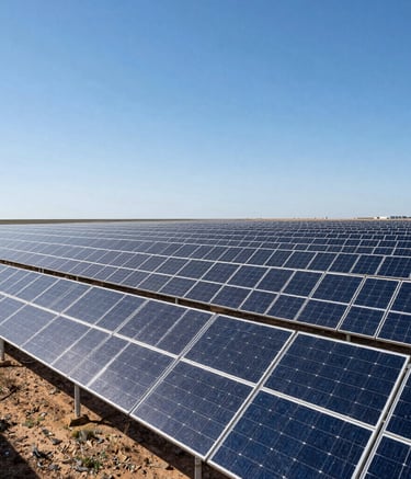 Wide-angle photography of a vast solar photovoltaic installation in the Spanish countryside, clean symmetrical rows of panels reflecting the sun, clear blue sky, sharp technical focus, sophisticated industrial aesthetic.