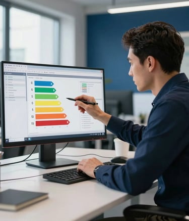 A professional engineer in a modern European office analyzing energy efficiency data on a high-resolution monitor, showing clean technical charts. The room features a Deep Navy Blue and White color scheme with soft, professional morning lighting.