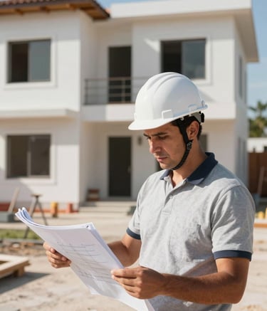 A professional construction supervisor in a modern North American / Mexican / Yucatán residential construction site, wearing a white hard hat and checking building plans. The background shows a clean structure with almond white walls under a bright, natural sun.
