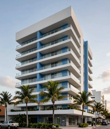 An wide-angle architectural shot of a contemporary building exterior in a North American / Mexican / Yucatán coastal city like Playa del Carmen. The design features clean lines, slate blue accents, and lush tropical greenery.