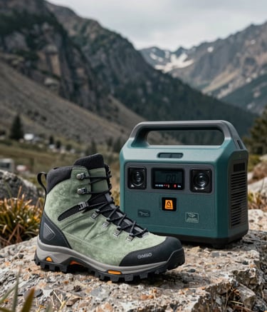 A crisp, professional product photography shot of a technical hiking boot and a high-capacity power station in a rugged Western mountain landscape. Sharp focus, cinematic natural lighting, featuring a palette of sage green and dark teal.