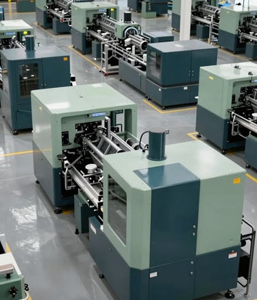 A high-angle professional photograph of a state-of-the-art outdoor gear manufacturing facility in a Western industrial zone. Clean, modern production floor with advanced machinery in sage green and dark teal. Orderly and efficient atmosphere.