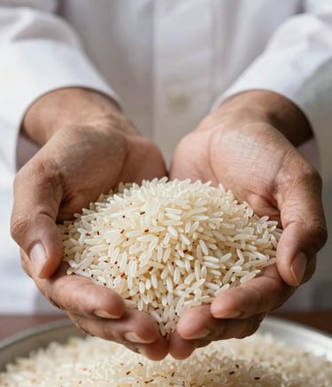 A professional close-up photograph of high-quality, polished long-grain Basmati rice being held in the palms of a quality inspector in a South Asian / Indian setting. The lighting is bright and clean, highlighting the texture and clarity of the grains.