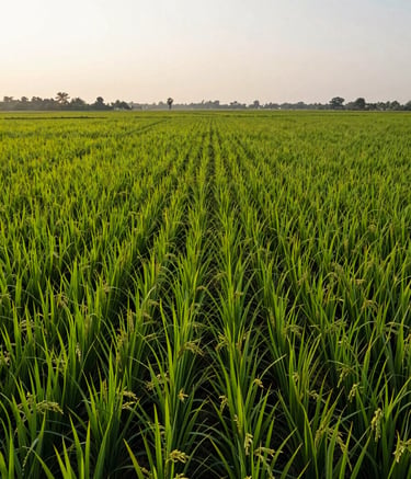 A wide-angle, professional photograph of a sprawling, lush green rice plantation in India during the golden hour. The composition is clean and serene, showcasing the vast scale and natural beauty of the agricultural landscape.