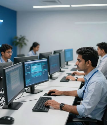 A clean and modern network operations center with South Asian professionals working at sleek desks with multiple monitors. The lighting is bright and cool, featuring deep blue accents that reflect a cutting-edge technology environment.
