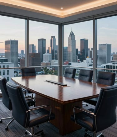Photography of a high-end corporate boardroom in Central Europe, featuring dark navy leather chairs, a polished dark wood table, and a wide view of a modern city skyline at dusk through large windows.