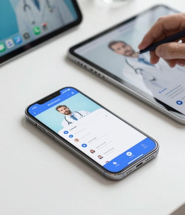 A sleek, close-up shot of a smartphone and a tablet on a clean desk, displaying a medical dashboard with secure video call interface. A doctor's hand is visible. Lighting is professional and bright, incorporating #1E5C6B and #EEF8F7 tones. Modern efficiency vibe.