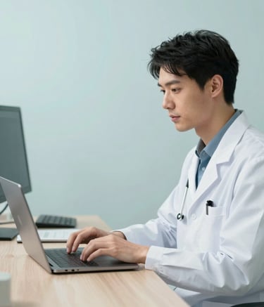 A professional doctor wearing a white coat, sitting in a bright modern office, looking at a laptop screen during a tele-consultation. The atmosphere is calm and reliable. The color palette includes soft touches of #5BA8A1 and #EEF8F7 in the background.