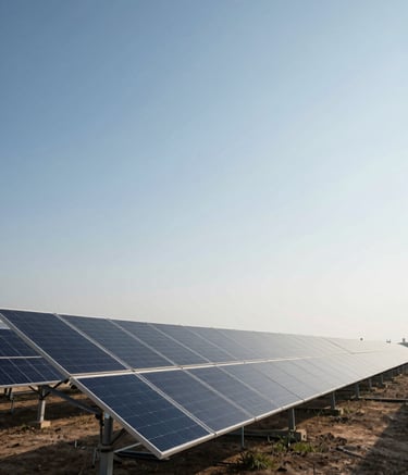 A wide-angle shot of a large-scale industrial solar plant installation during the daytime. The sky is a clear sky blue, and the solar panels reflect a pale mist glow, emphasizing modern clean energy.