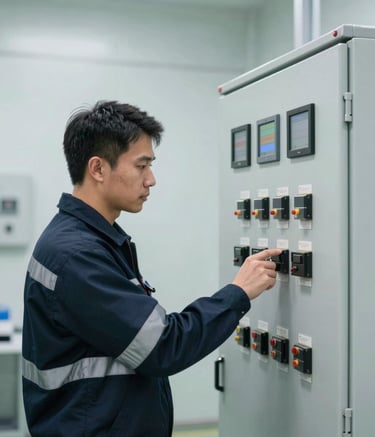 A professional electrical engineer wearing a dark navy uniform and safety gear, inspecting a complex industrial control panel in a clean, brightly lit facility with pale mist colored walls.
