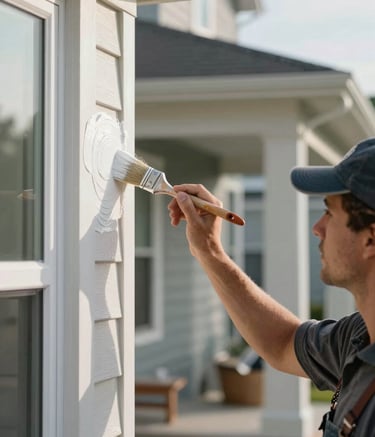 A close-up photograph of a professional painter in North American work attire carefully applying soft white paint to the exterior trim of a modern suburban home. Clear morning light, sharp focus on the precision of the brushstroke, representing expert craftsmanship.