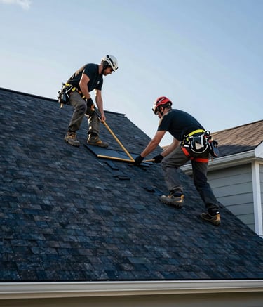 A low-angle shot of a roofing crew working on a steep roof of a North American home. The workers are using professional safety gear, installing architectural shingles in a dark navy hue during a sunny afternoon.