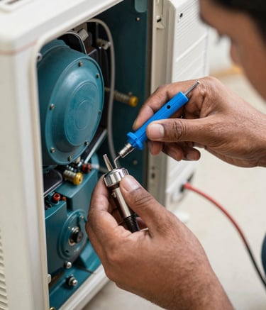 A close-up photograph of a professional technician's hands in a South Asian setting, using precision tools to repair the internal components of an air conditioning unit. The lighting is bright and clean, with a focus on efficiency and technical skill. Colors include deep teal and celestial blue accents.