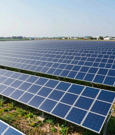 A wide, professional shot of a vast solar farm under a bright, clear sky. The solar panels are arranged in neat, forward-thinking rows. The image uses a professional architectural style with lighting that emphasizes the sleek, blue surfaces of the panels, incorporating the #0A1C2C and #326B5E brand colors in the shadows and surrounding grass.
