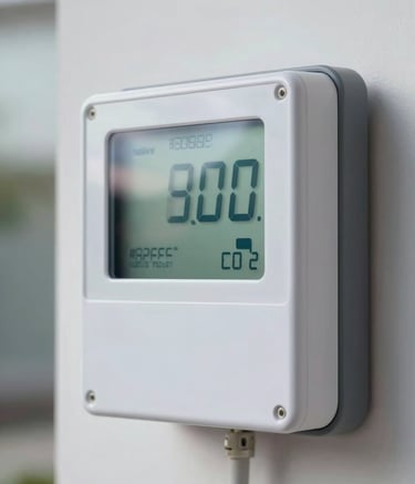 A close-up, high-quality photograph of a modern digital electricity meter showing a reduced consumption reading, with soft daylight reflections. The background is a clean, modern home exterior. The palette features subtle hints of #326B5E and #8ECFC4 in the reflections, conveying efficiency and modern technology.