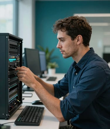 A professional IT specialist in a clean, modern office environment, subtly checking networking equipment. The scene is illuminated with cool, natural light. Deep Teal and Dark Navy Blue accents appear in the room's decor, reflecting a sophisticated and efficient workspace in Georgia.
