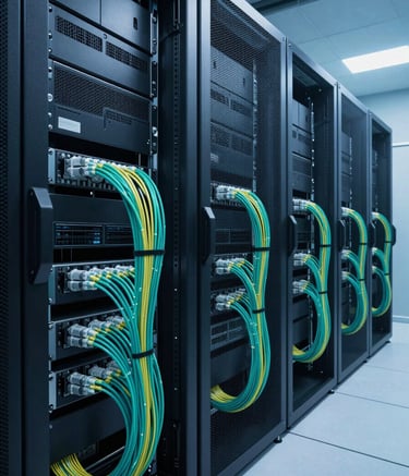 A wide-angle shot of a sleek, high-tech server room with neatly organized fiber optic cables. The lighting is a blend of Deep Teal and Soft Sky Blue, creating a forward-thinking and professional atmosphere. The composition is clean and modern.