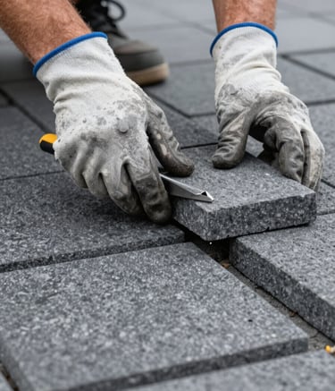 Close-up of a craftsman's hands wearing heavy-duty work gloves, carefully leveling a charcoal grey stone paver for a high-end patio. The focus is sharp on the texture of the stone and the tools. No faces visible, emphasizing the work.