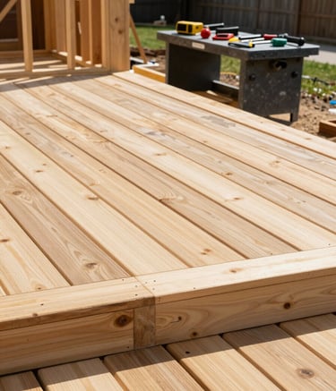A wide, professional shot of a residential backyard construction site. A new cedar deck is mid-construction, showcasing precise wooden framework. The lighting is bright, natural daylight. In the background, professional tools are organized on a dark slate grey workbench. The atmosphere is tidy and professional.