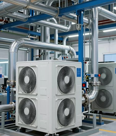 A detailed, clean photograph of high-tech industrial climate control systems (HVAC) inside a modern facility. The pipes and machinery are neatly organized. Tones of Steel Blue and Pale Gray dominate the scene. Professional European / French industrial setting.