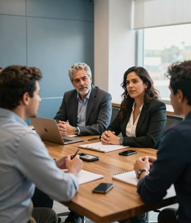 A group of professional colleagues having a focused discussion around a wooden table in a modern South American / Brazilian office. Soft natural lighting, steel blue and off-white accents in the room decor. The atmosphere is warm and authentic, emphasizing human connection.