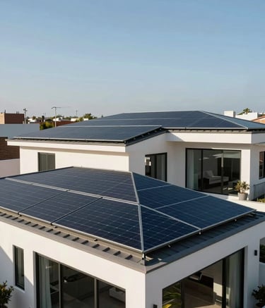 Wide shot of a contemporary residence in a Global Hispanic residential area, featuring seamlessly integrated solar panels on a clean roof design. The house has large glass windows reflecting a clear light blue sky.