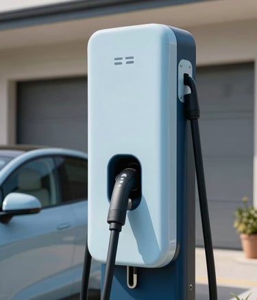 A close-up photograph of a sleek, high-tech electric vehicle charging station installed in a modern driveway. The design is elegant with soft light blue and dark blue accents under bright daylight. Global Hispanic setting.