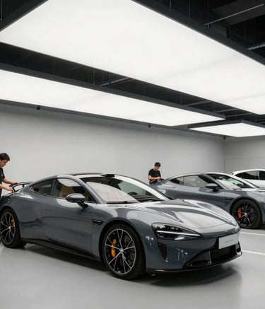 A wide-angle cinematic shot of a luxury automotive studio where several exotic charcoal grey cars are being meticulously detailed by men under bright LED panels, high-end atmosphere, International / Global.