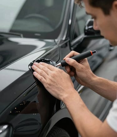 A focused close-up of a professional male detailer's hands applying high-end ceramic coating to a glossy black vehicle, reflecting soft silver lights, high-end performance aesthetic, International / Global.