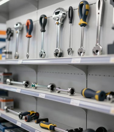 A clean, well-organized display of professional-grade construction tools and hardware against a light grey wall. The lighting is bright and industrial, reflecting a modern retail environment. The image incorporates brand tones through metallic surfaces and subtle blue-grey shelf accents, following the credible and professional mood of M. SIMAO GUILHERME.