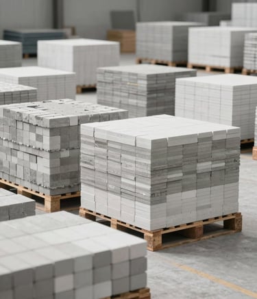 A high-resolution, wide-angle photo of a modern construction materials warehouse. Neatly stacked pallets of cement and ceramic bricks are visible under bright, natural light. The environment is clean and organized, conveying efficiency and reliability. The color palette features whites and greys consistent with the brand's professional identity.