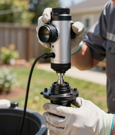 A close-up, high-detail photograph of a technician using a digital inspection camera to check a septic system component. The technician wears clean work gloves and a professional uniform. The setting is a North American backyard during a bright, sunny day. The lighting is crisp and natural, highlighting the modern technology and cleanliness of the service.