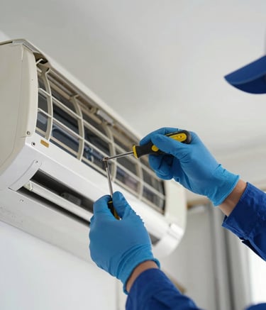 Close-up of a professional AC technician's hands wearing blue gloves, precisely using a screwdriver on an indoor AC unit. The lighting is bright and clean. The background features a modern, professional apartment setting in Noida. Colors used include deep blues and light grays to match the brand palette.