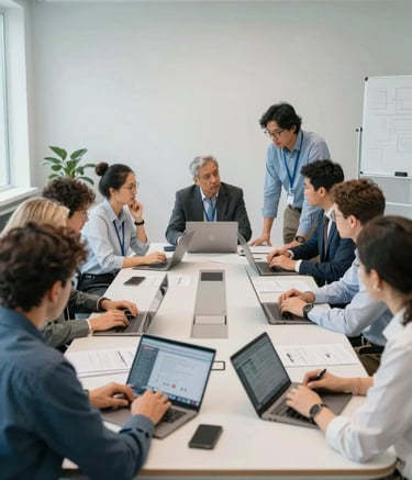 A wide-angle photography shot of a collaborative research meeting in a bright, modern European conference room. Professionals are gathered around a table with tablets and laptops discussing scientific data. The lighting is natural and airy, using a palette of light blue and off-white.