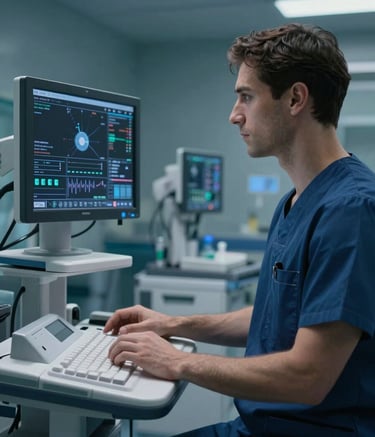 Photography of a clinician in professional attire working in a high-tech hospital environment in a European city. The scene focuses on the integration of technology, with a sleek medical monitor in the background showing a blurred clinical interface. The mood is authoritative and innovative, featuring dark blue and medium blue tones.
