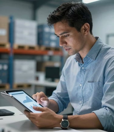 A professional South American logistics manager in a clean office setting, focusing on a digital tablet with charts, blurred warehouse background with steel blue tones, conveying efficiency and expertise.