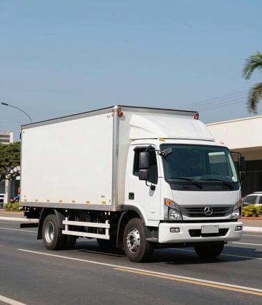 A medium-duty white delivery truck driving through a clean, modern metropolitan street in Brazil, bright daylight, professional appearance, sky blue sky background, side view showing agility.