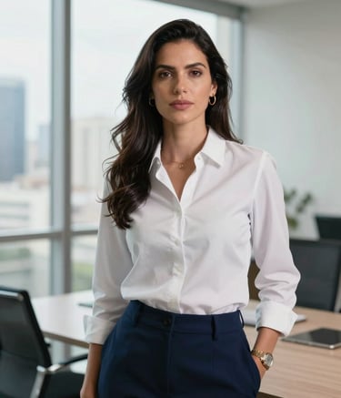 A professional portrait of a Brazilian executive woman in a bright, modern office in São Paulo, soft natural sunlight from large windows, professional attire, sophisticated and empowering atmosphere, palette incorporating ice white and dark blue.