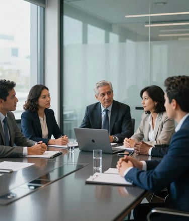 A group of diverse South American professionals engaged in a collaborative strategy meeting in a sleek, glass-walled boardroom, morning light reflecting off clean surfaces, steel blue and soft blue tones, professional and focused style.