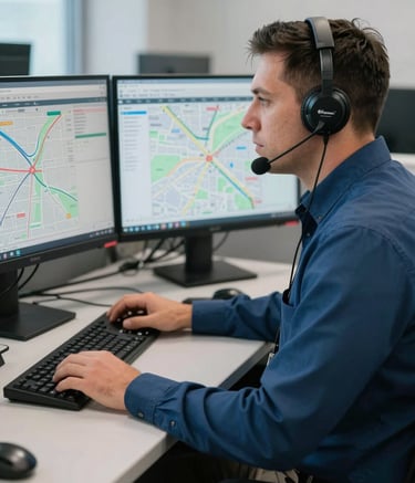 A professional North American dispatcher in a modern Irving, Texas office environment with dual monitors showing logistic route maps. Soft natural light, with a clean and efficient atmosphere using colors like steel blue and light gray.